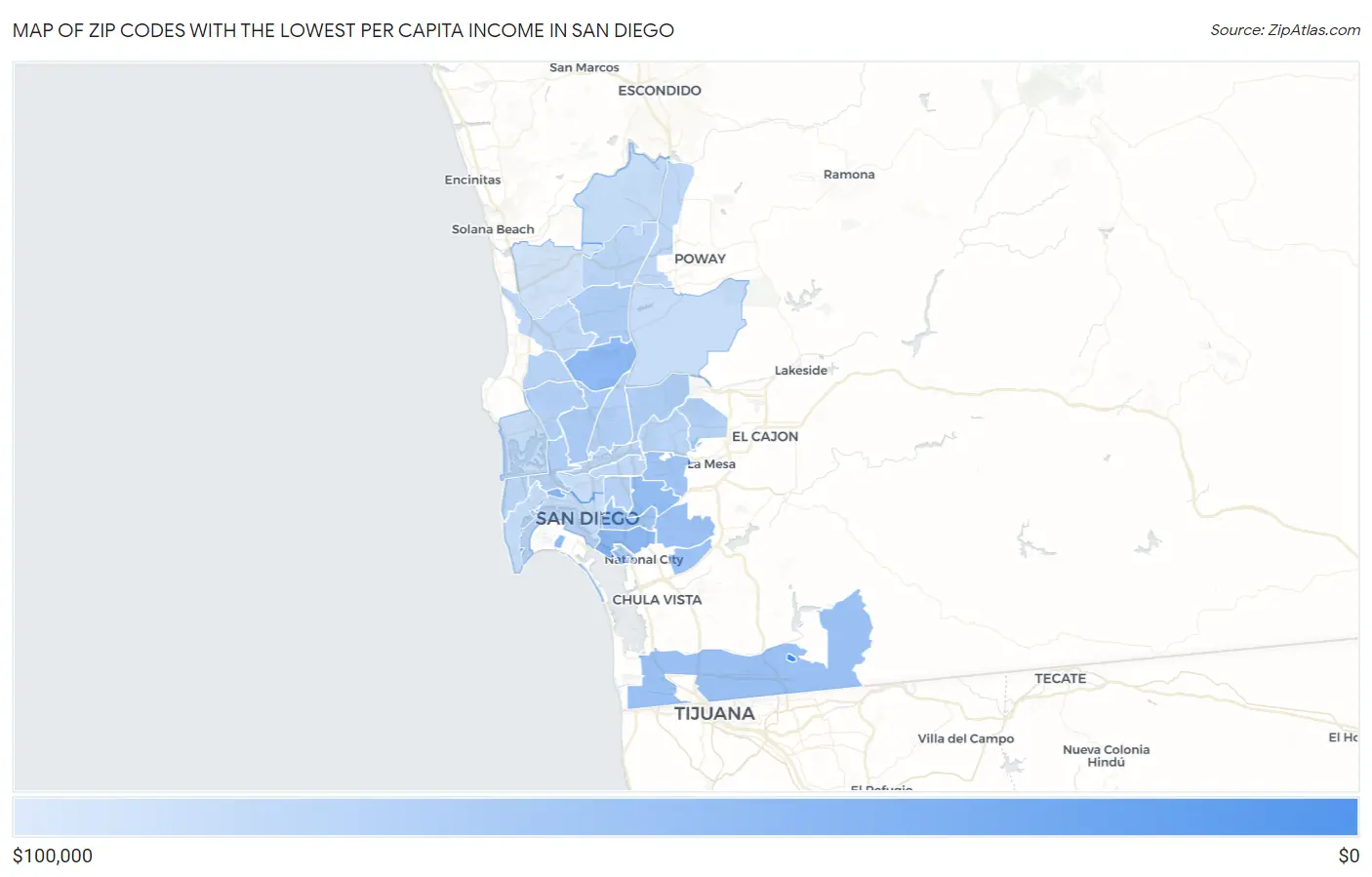 Zip Codes with the Lowest Per Capita Income in San Diego Map