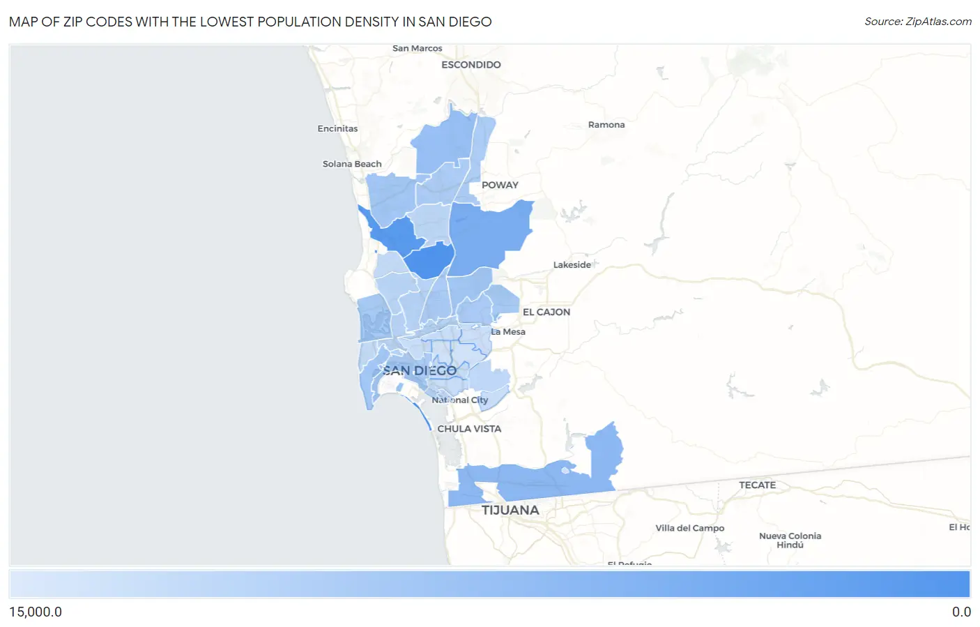 Zip Codes with the Lowest Population Density in San Diego Map