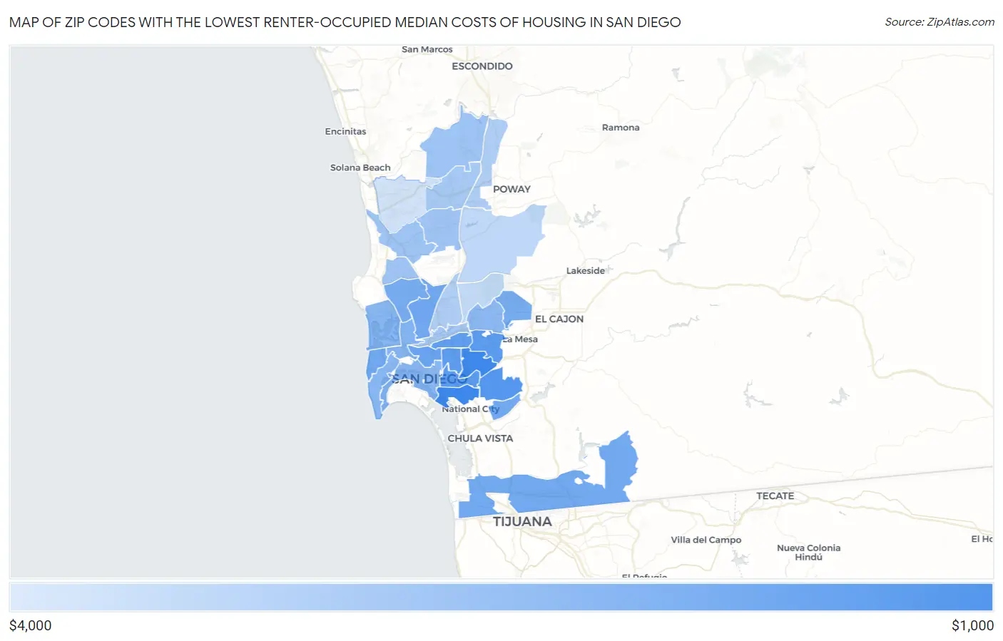 Zip Codes with the Lowest Renter-Occupied Median Costs of Housing in San Diego Map