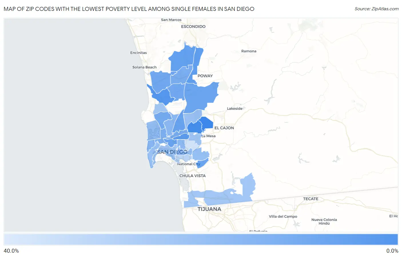Zip Codes with the Lowest Poverty Level Among Single Females in San Diego Map