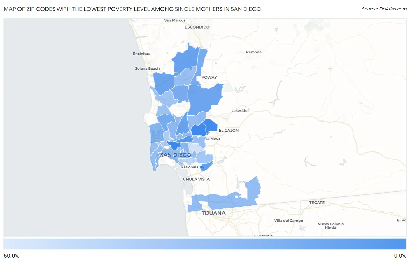 Zip Codes with the Lowest Poverty Level Among Single Mothers in San Diego Map