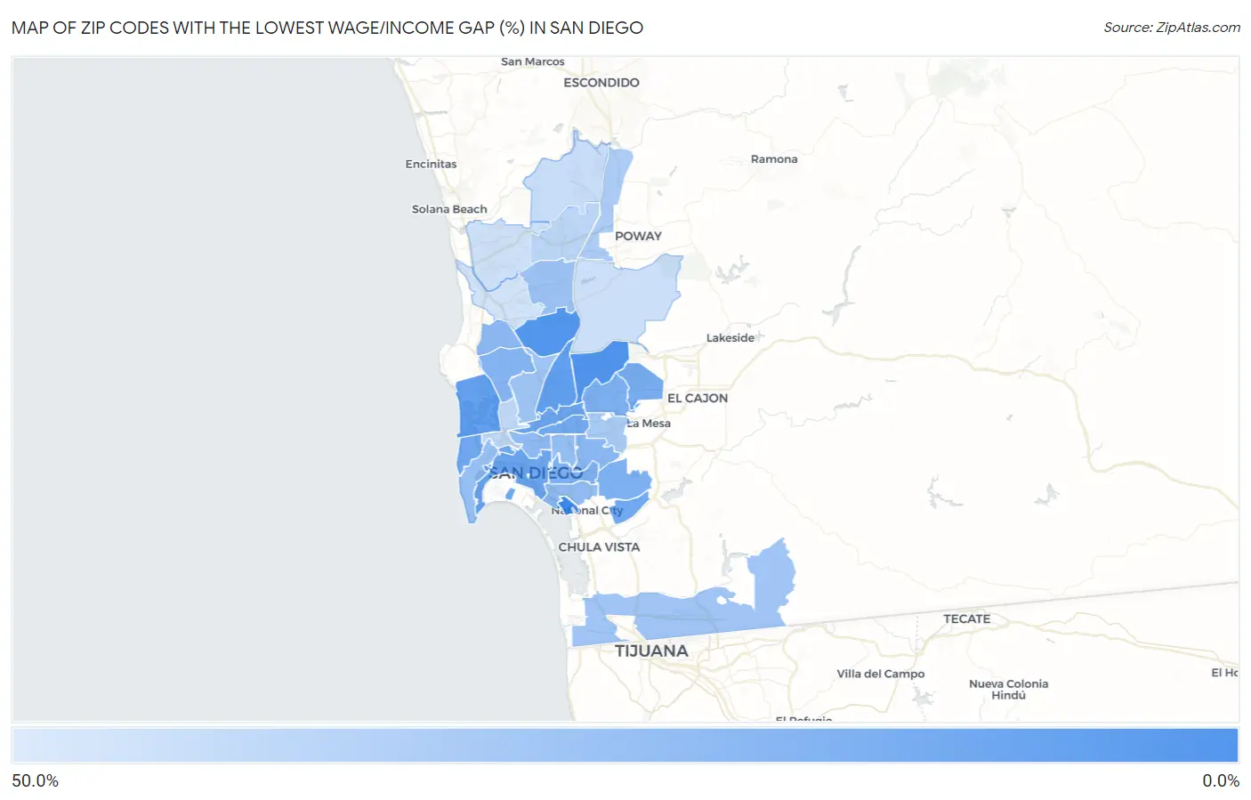 Zip Codes with the Lowest Wage/Income Gap (%) in San Diego Map