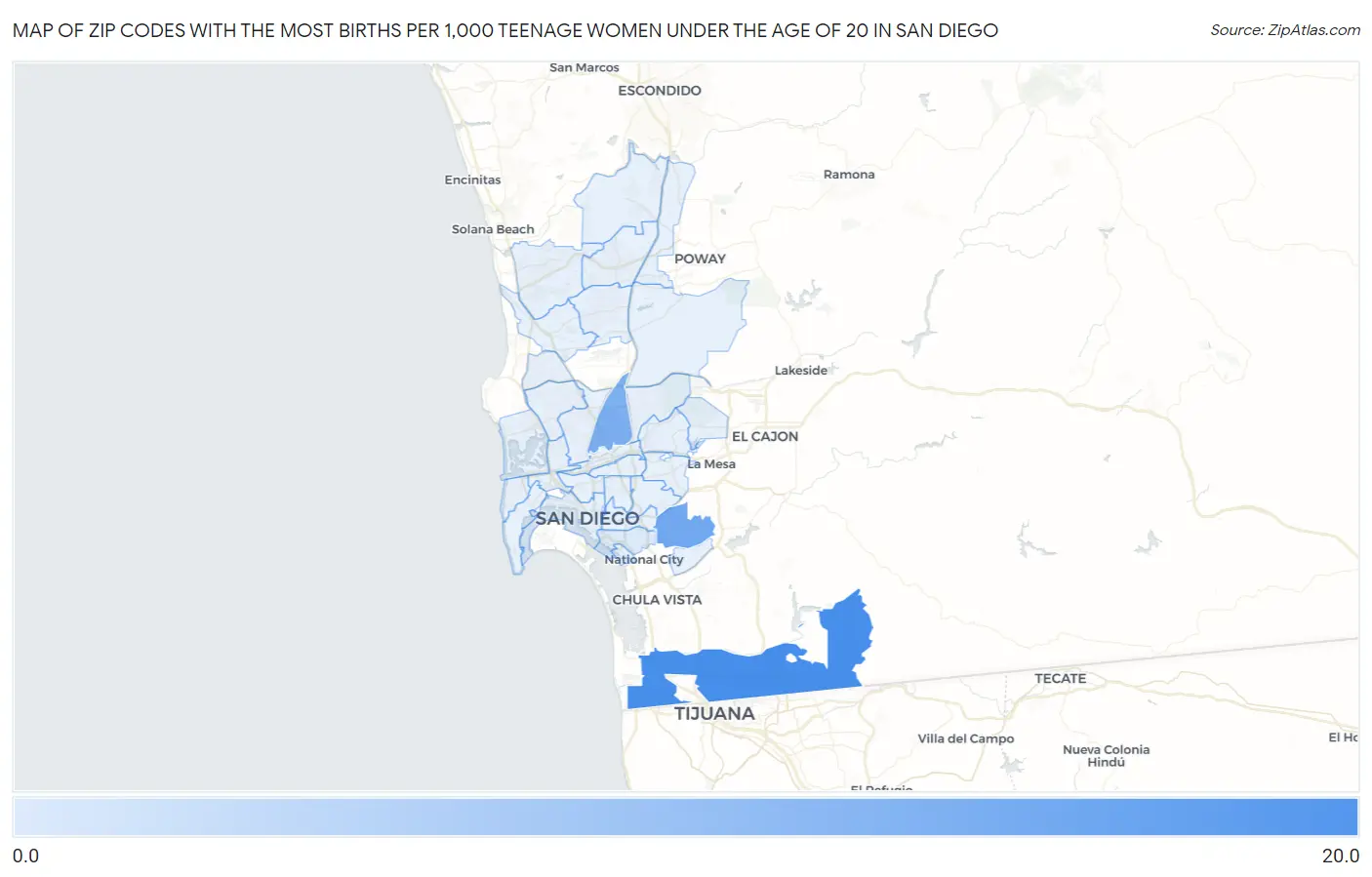 Zip Codes with the Most Births per 1,000 Teenage Women Under the Age of 20 in San Diego Map