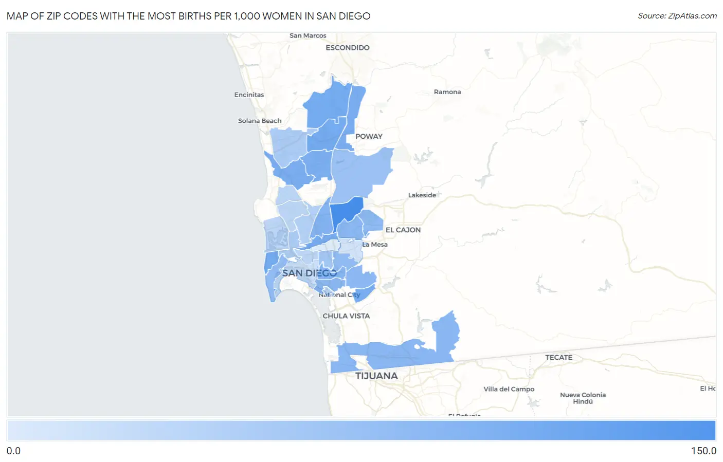 Zip Codes with the Most Births per 1,000 Women in San Diego Map