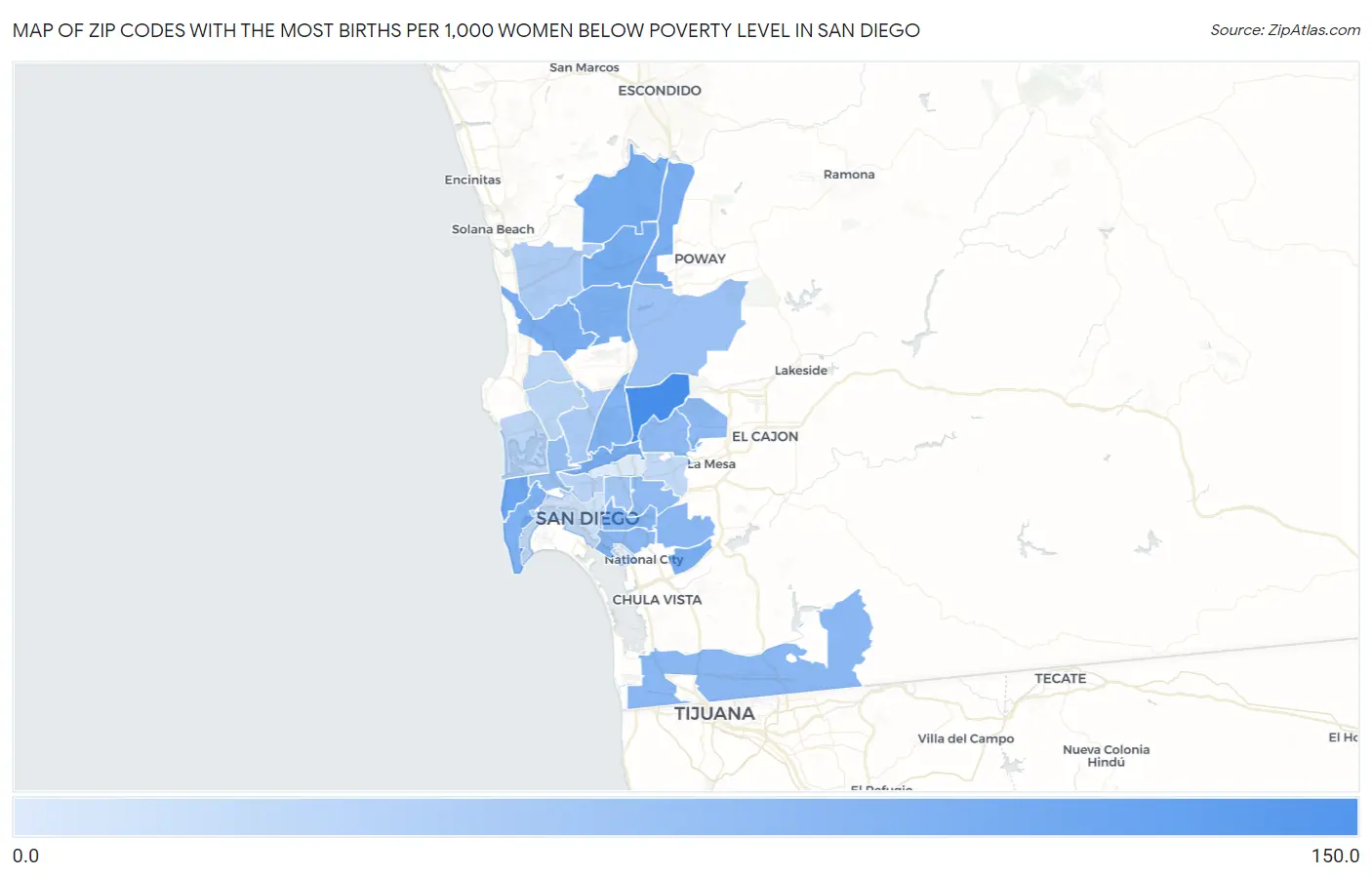Zip Codes with the Most Births per 1,000 Women Below Poverty Level in San Diego Map