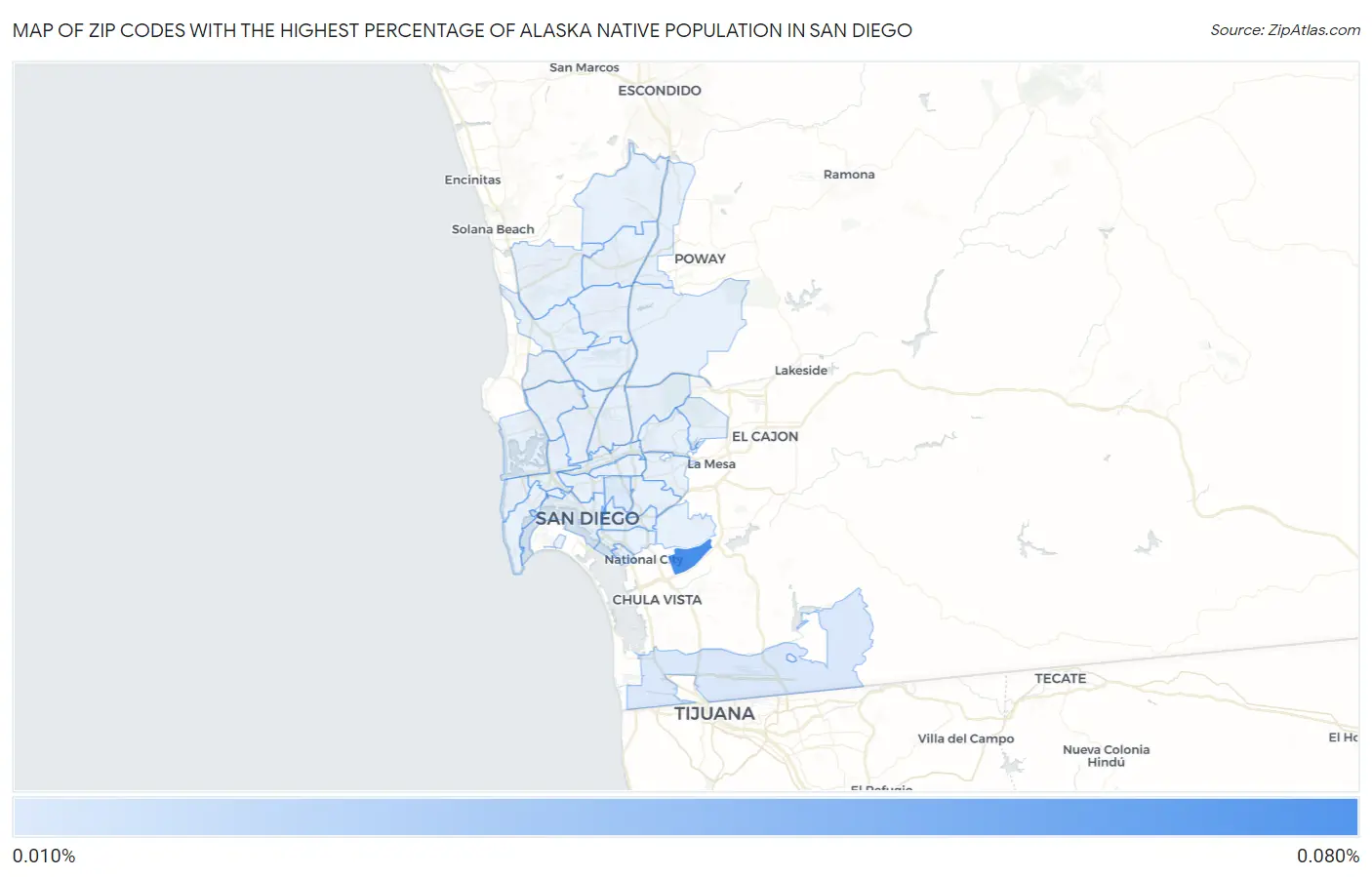 Zip Codes with the Highest Percentage of Alaska Native Population in San Diego Map