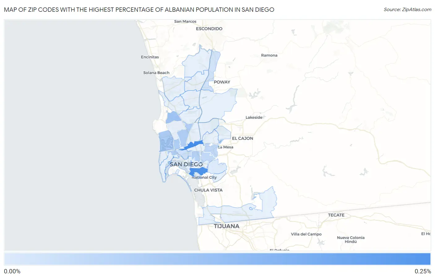 Zip Codes with the Highest Percentage of Albanian Population in San Diego Map