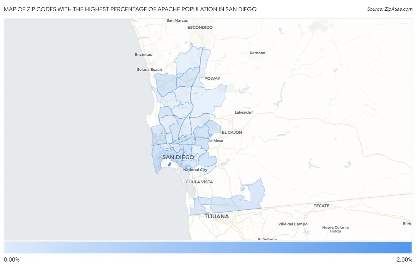 Zip Codes with the Highest Percentage of Apache Population in San Diego Map