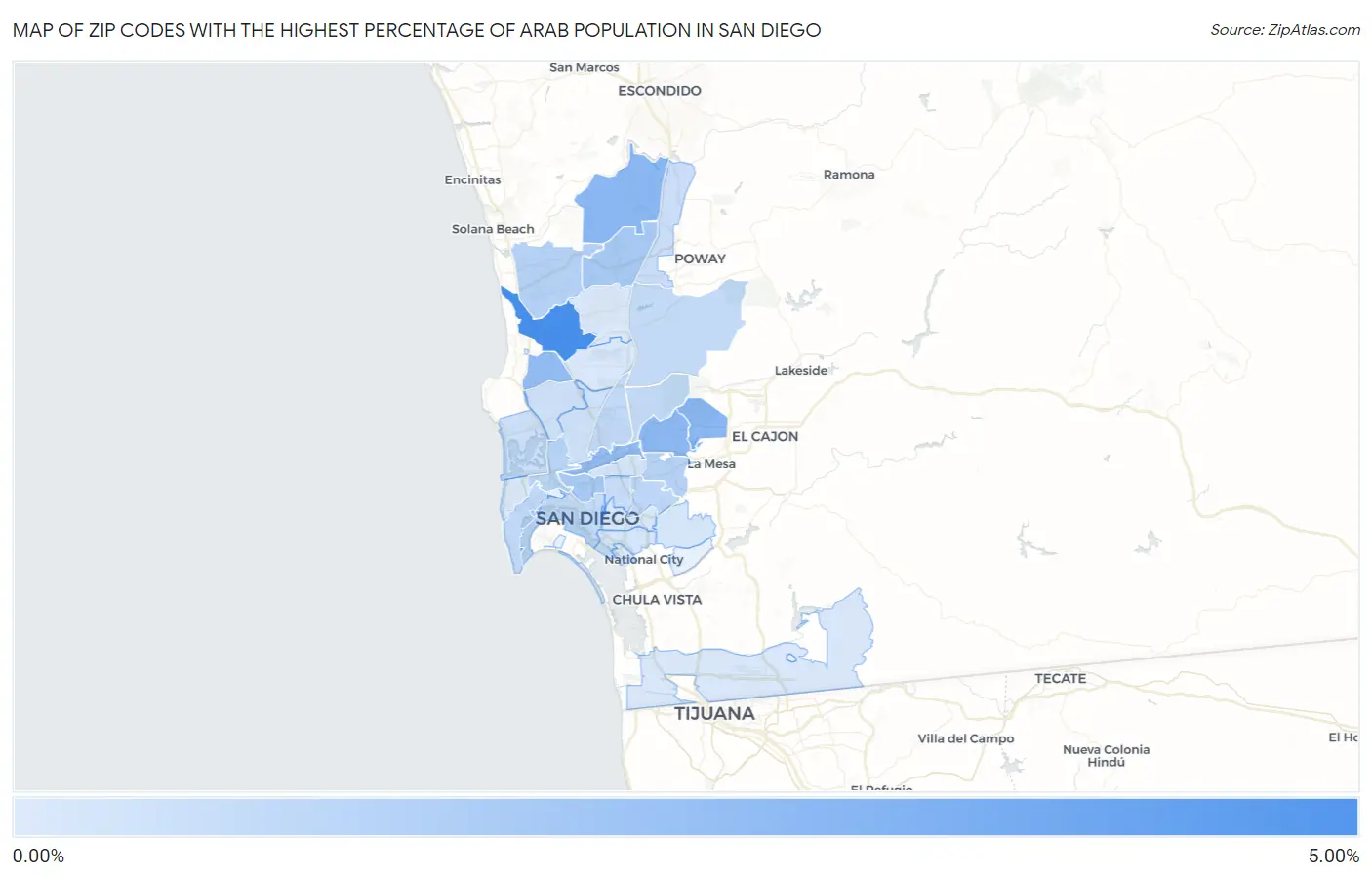 Zip Codes with the Highest Percentage of Arab Population in San Diego Map