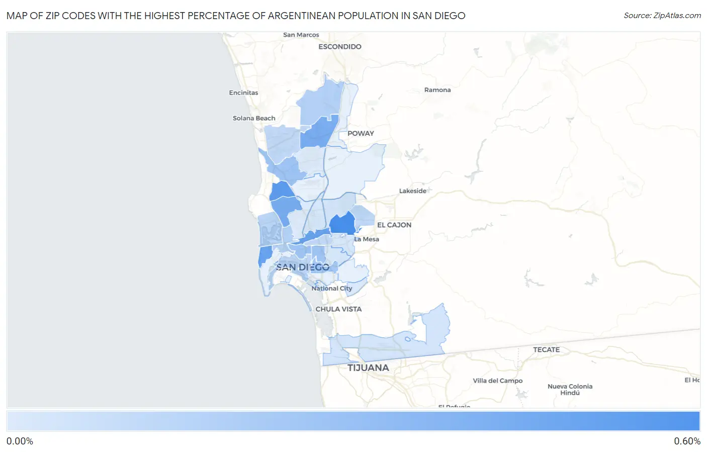 Zip Codes with the Highest Percentage of Argentinean Population in San Diego Map