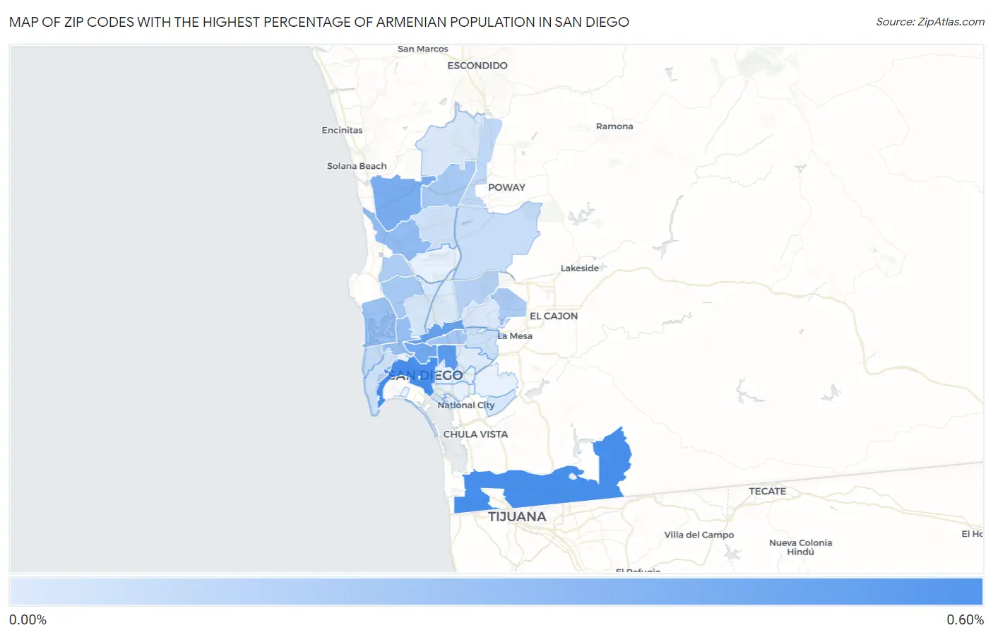 Zip Codes with the Highest Percentage of Armenian Population in San Diego Map