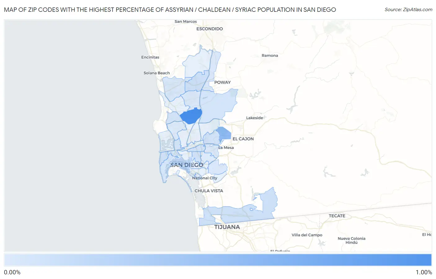 Zip Codes with the Highest Percentage of Assyrian / Chaldean / Syriac Population in San Diego Map