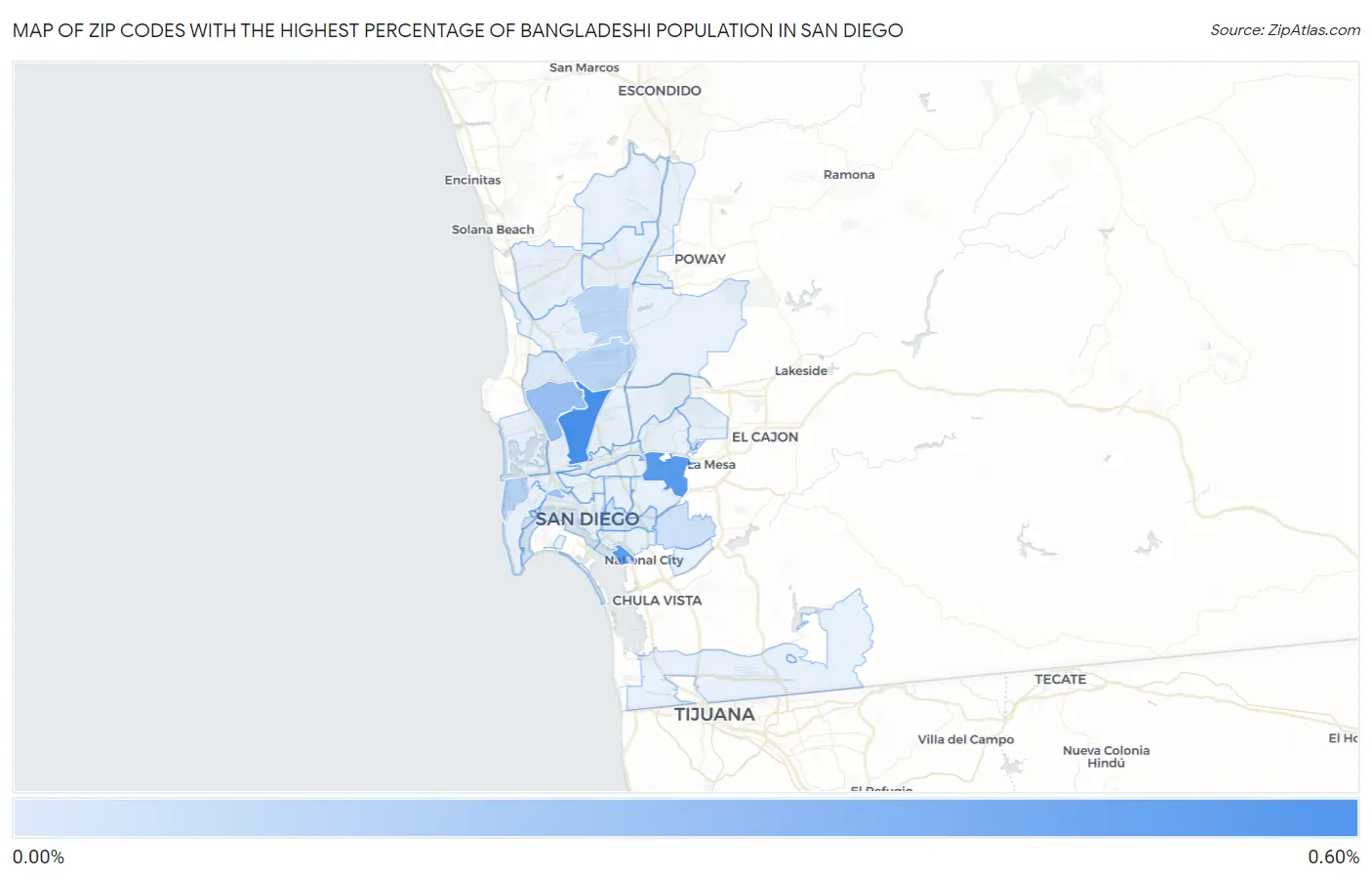 Zip Codes with the Highest Percentage of Bangladeshi Population in San Diego Map