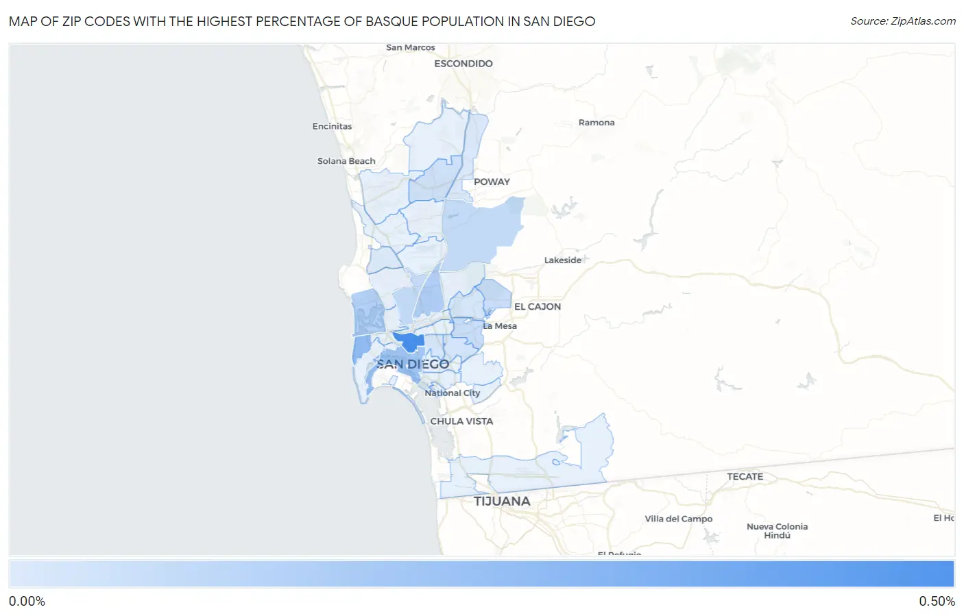 Zip Codes with the Highest Percentage of Basque Population in San Diego Map