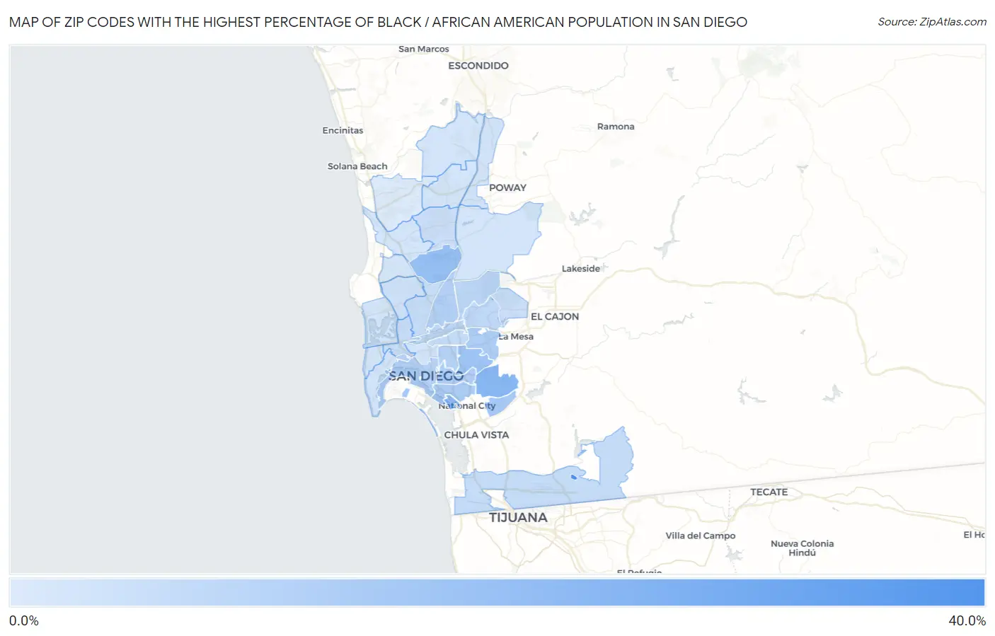 Zip Codes with the Highest Percentage of Black / African American Population in San Diego Map