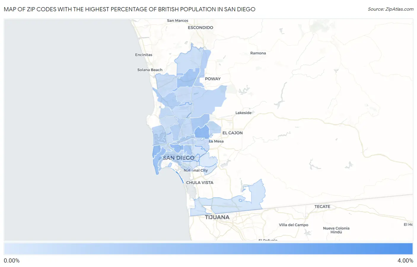Zip Codes with the Highest Percentage of British Population in San Diego Map