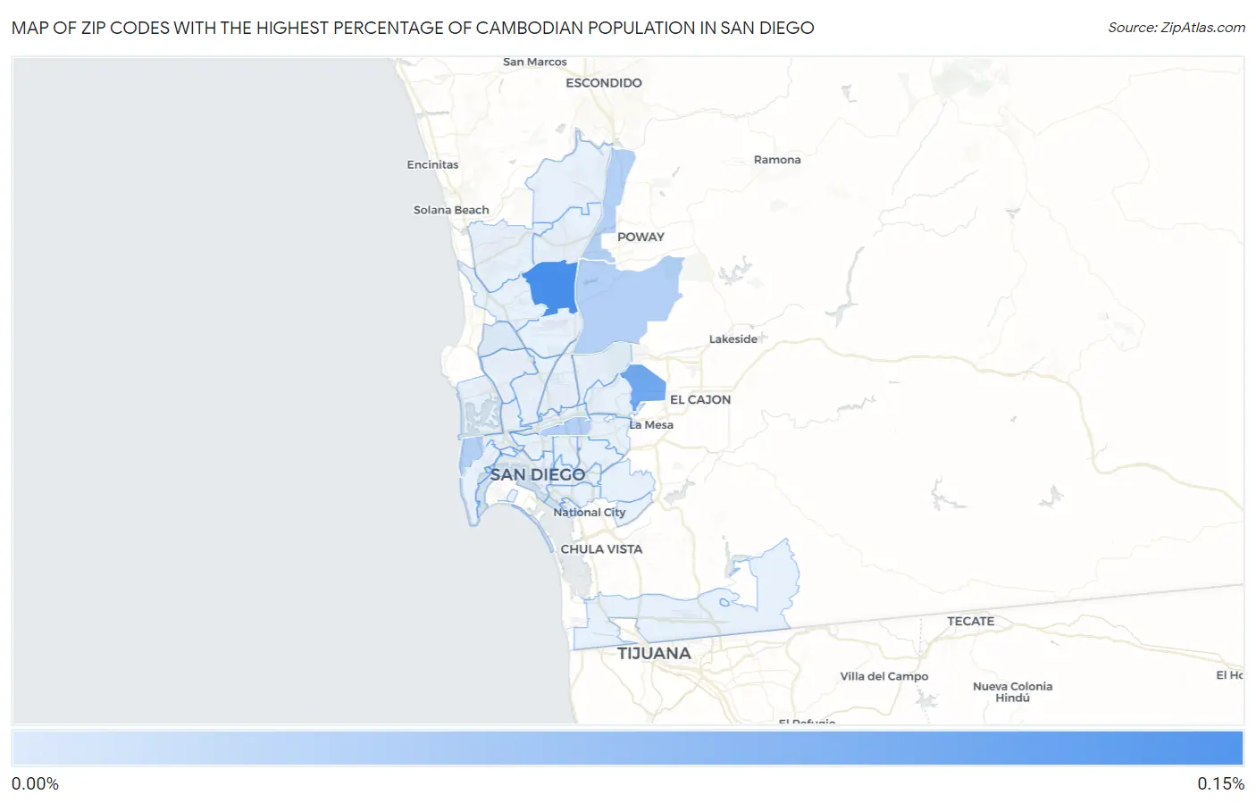 Zip Codes with the Highest Percentage of Cambodian Population in San Diego Map