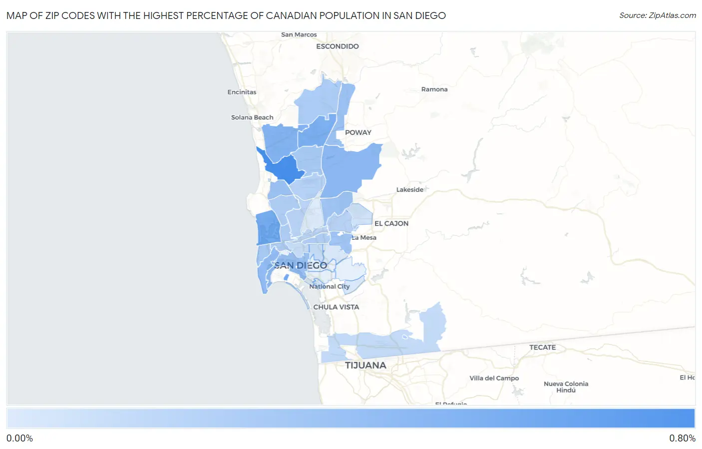 Zip Codes with the Highest Percentage of Canadian Population in San Diego Map