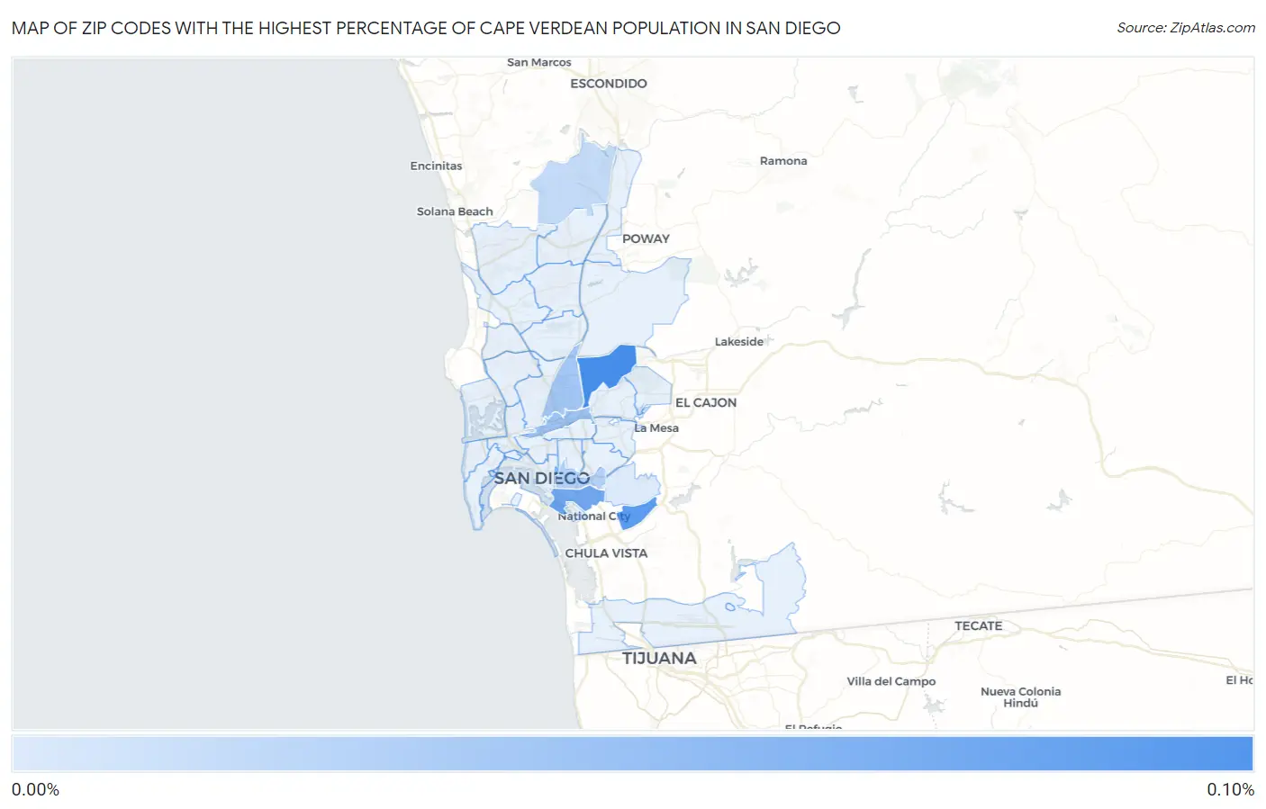 Zip Codes with the Highest Percentage of Cape Verdean Population in San Diego Map