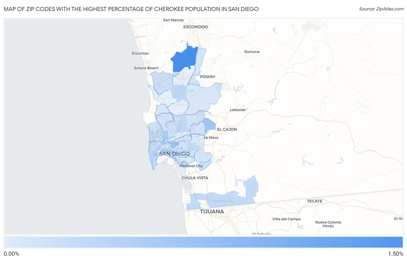 Zip Codes with the Highest Percentage of Cherokee Population in San Diego Map
