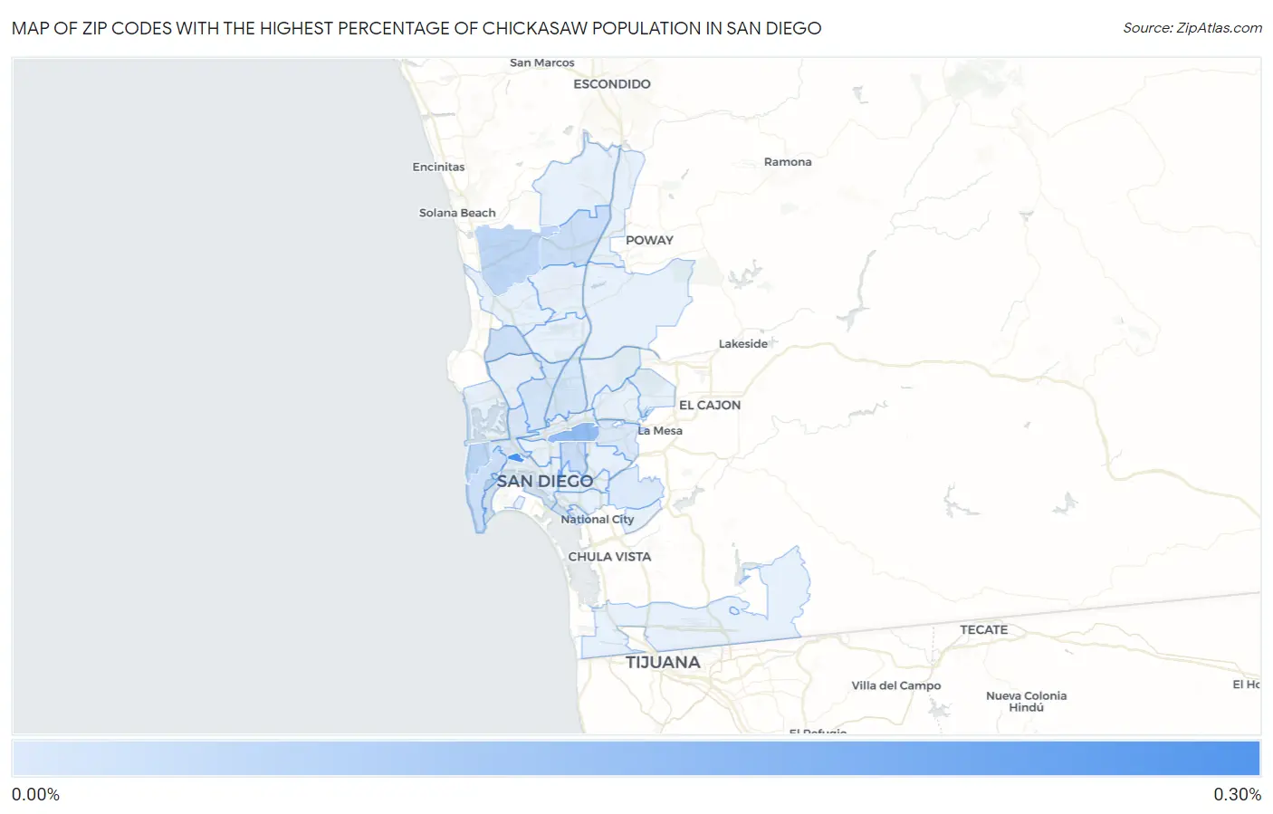Zip Codes with the Highest Percentage of Chickasaw Population in San Diego Map