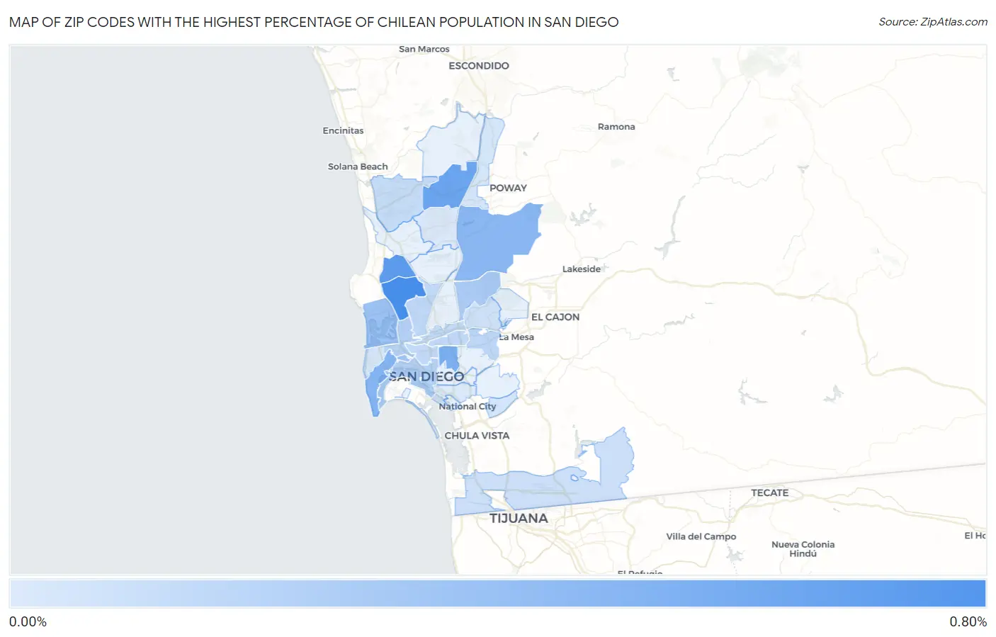 Zip Codes with the Highest Percentage of Chilean Population in San Diego Map