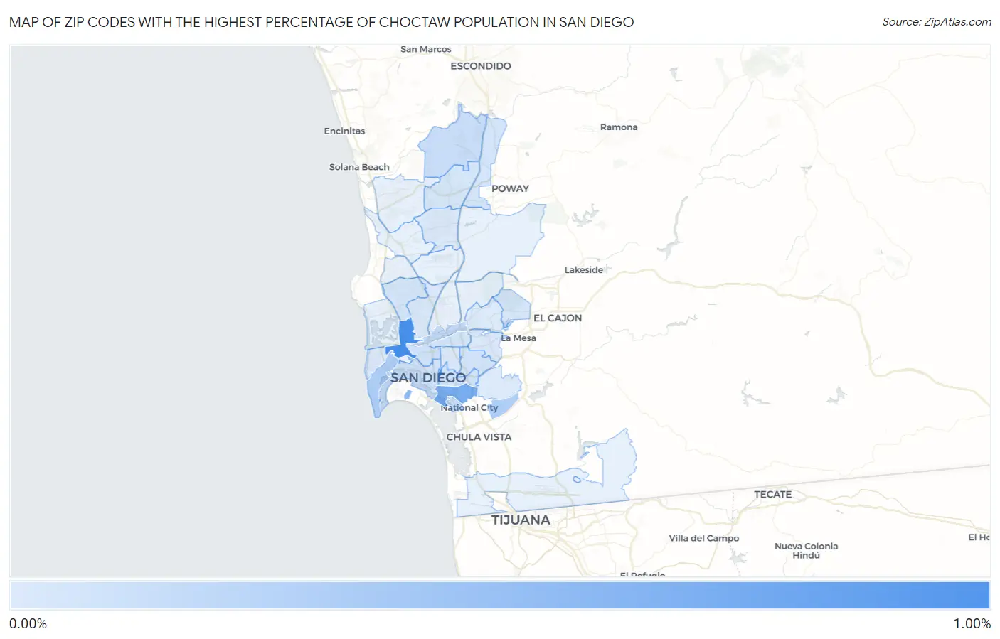 Zip Codes with the Highest Percentage of Choctaw Population in San Diego Map