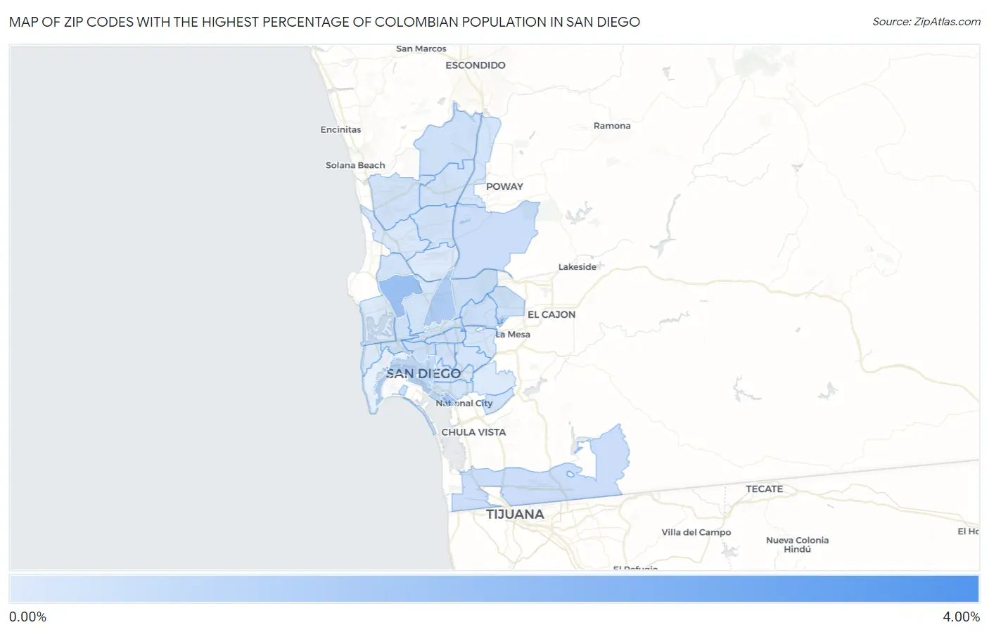 Zip Codes with the Highest Percentage of Colombian Population in San Diego Map