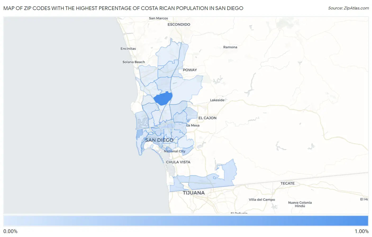 Zip Codes with the Highest Percentage of Costa Rican Population in San Diego Map