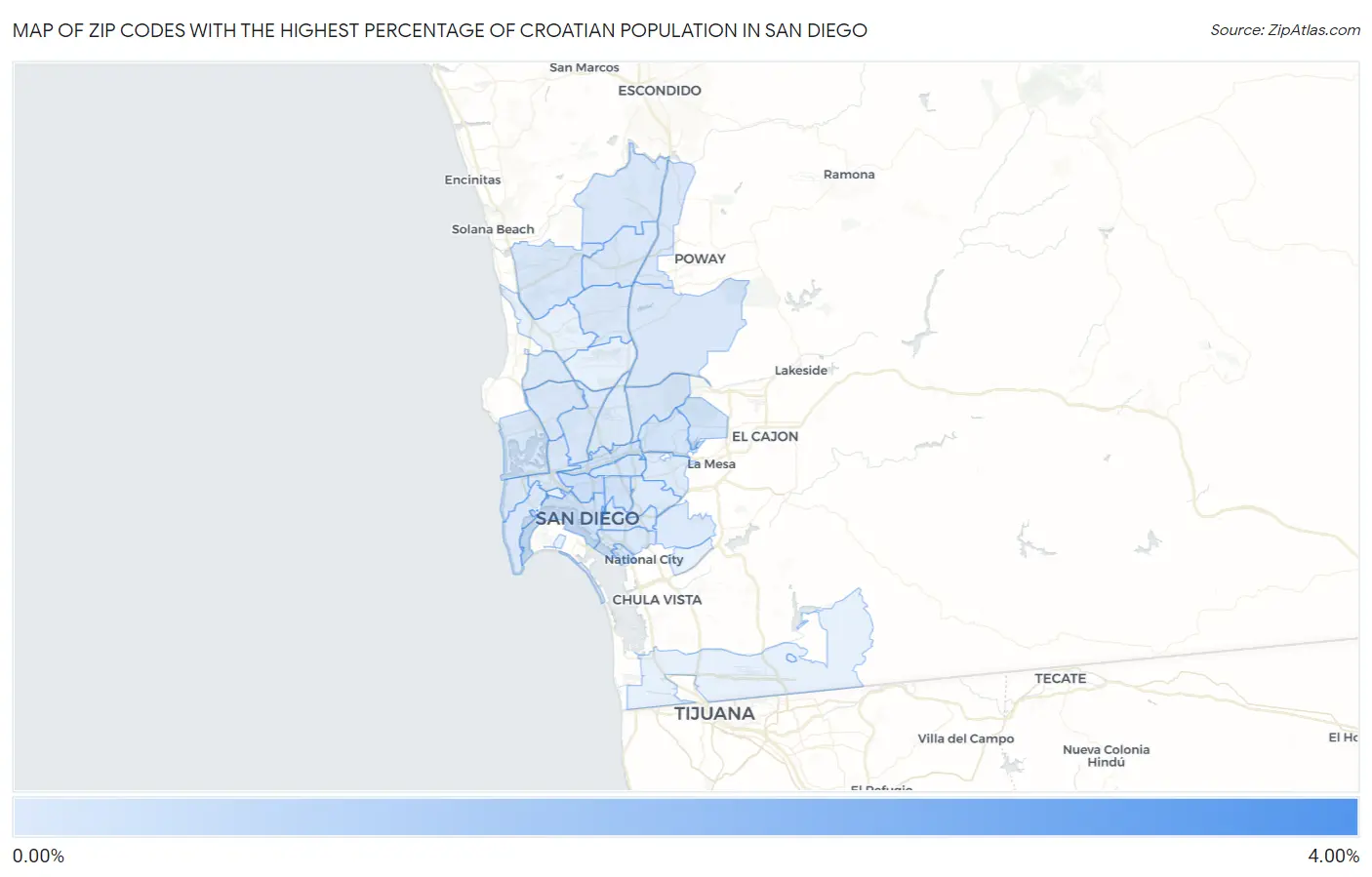 Zip Codes with the Highest Percentage of Croatian Population in San Diego Map
