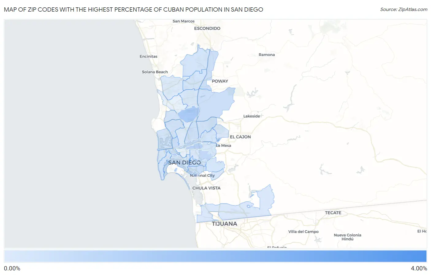 Zip Codes with the Highest Percentage of Cuban Population in San Diego Map