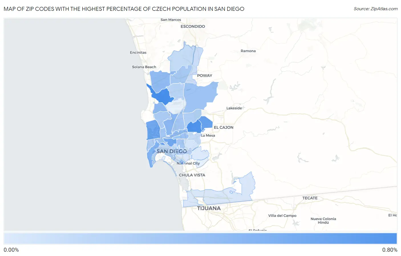 Zip Codes with the Highest Percentage of Czech Population in San Diego Map