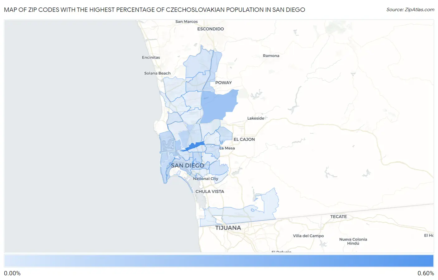 Zip Codes with the Highest Percentage of Czechoslovakian Population in San Diego Map