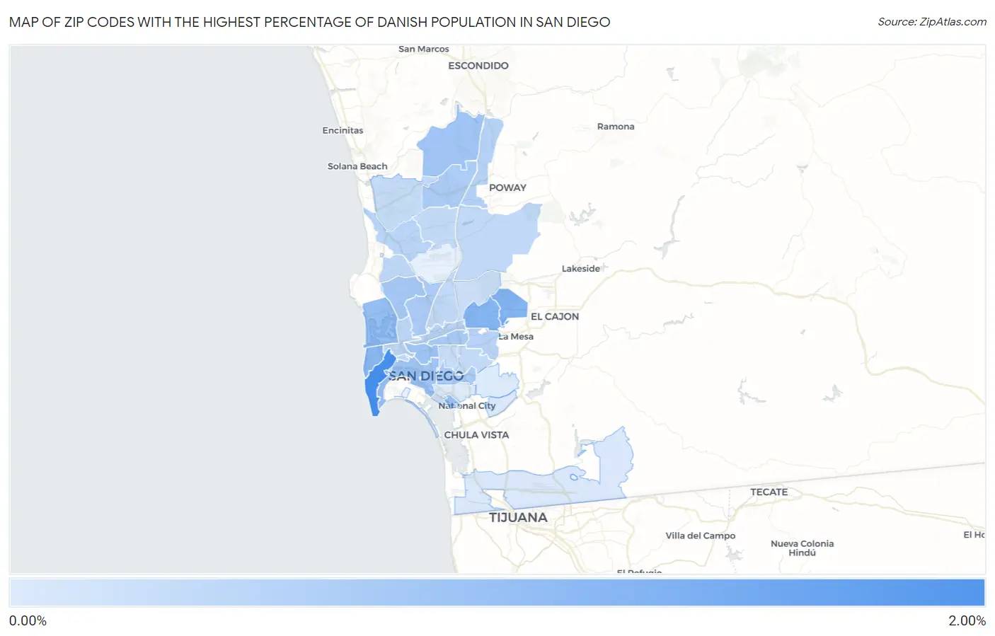 Zip Codes with the Highest Percentage of Danish Population in San Diego Map