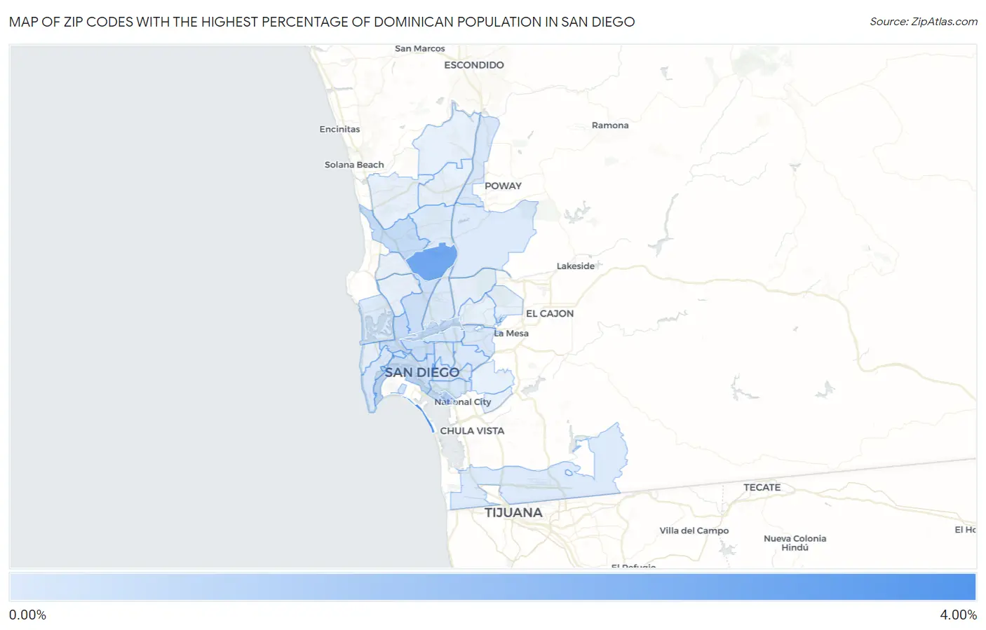 Zip Codes with the Highest Percentage of Dominican Population in San Diego Map