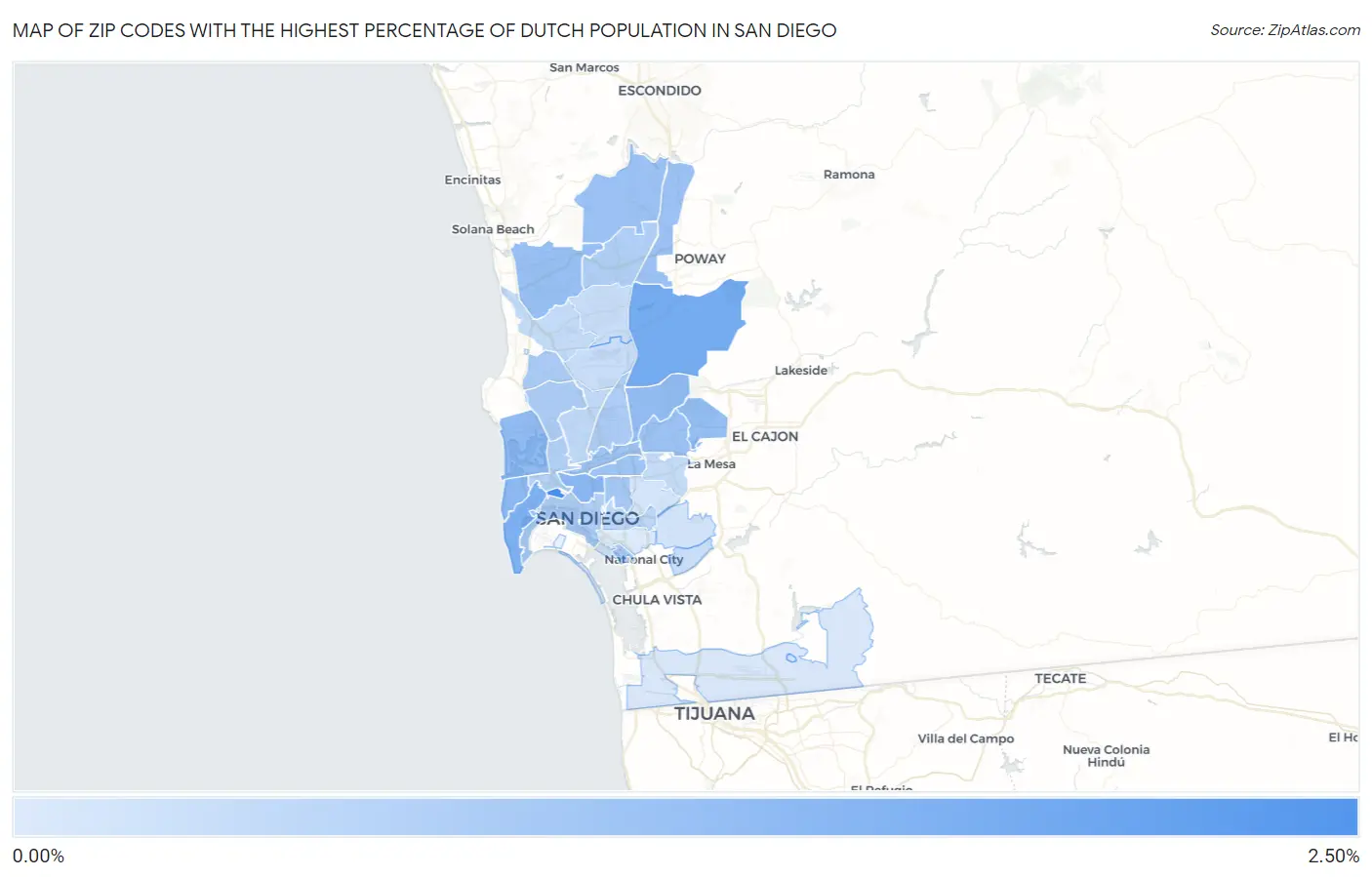 Zip Codes with the Highest Percentage of Dutch Population in San Diego Map