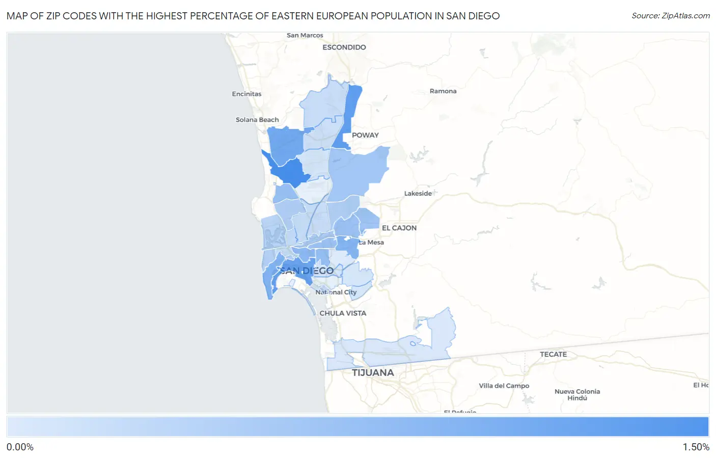Zip Codes with the Highest Percentage of Eastern European Population in San Diego Map