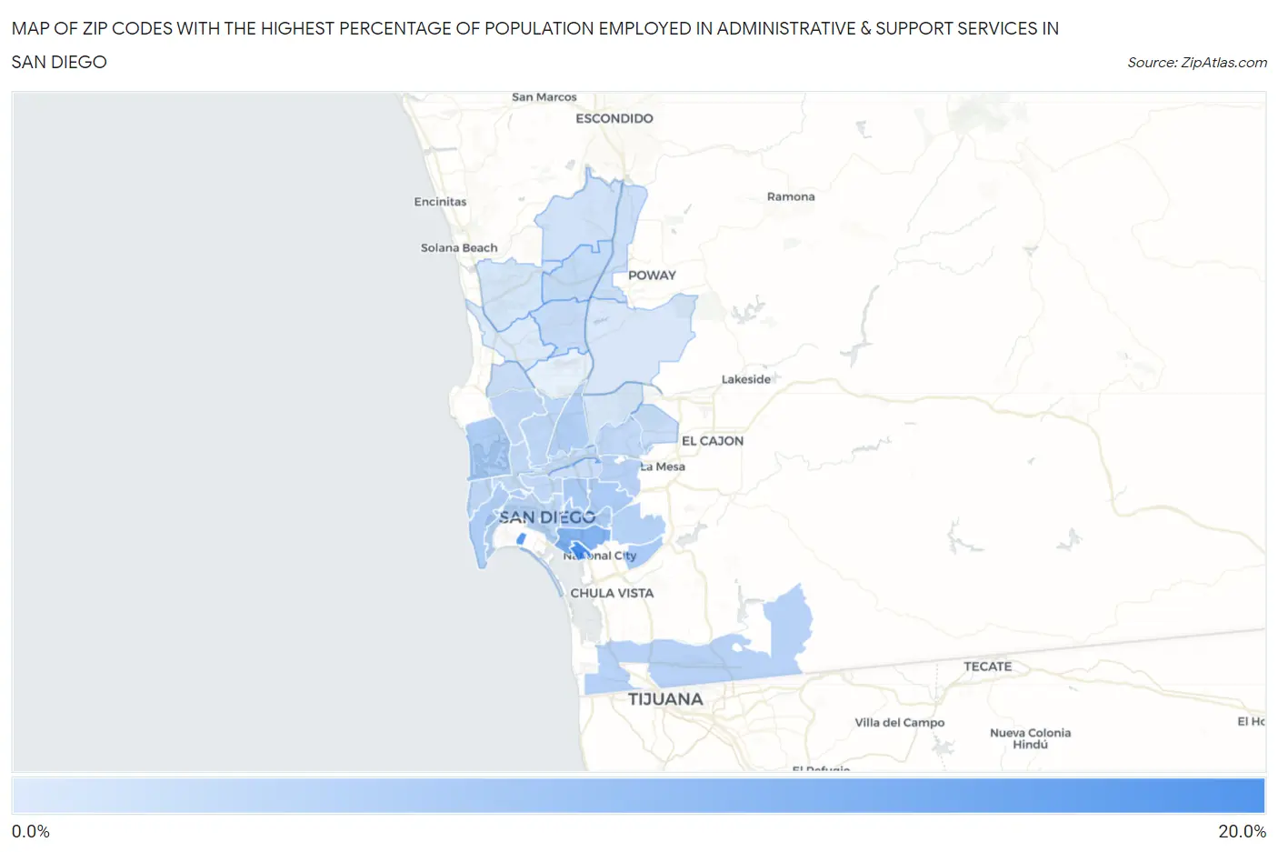 Zip Codes with the Highest Percentage of Population Employed in Administrative & Support Services in San Diego Map