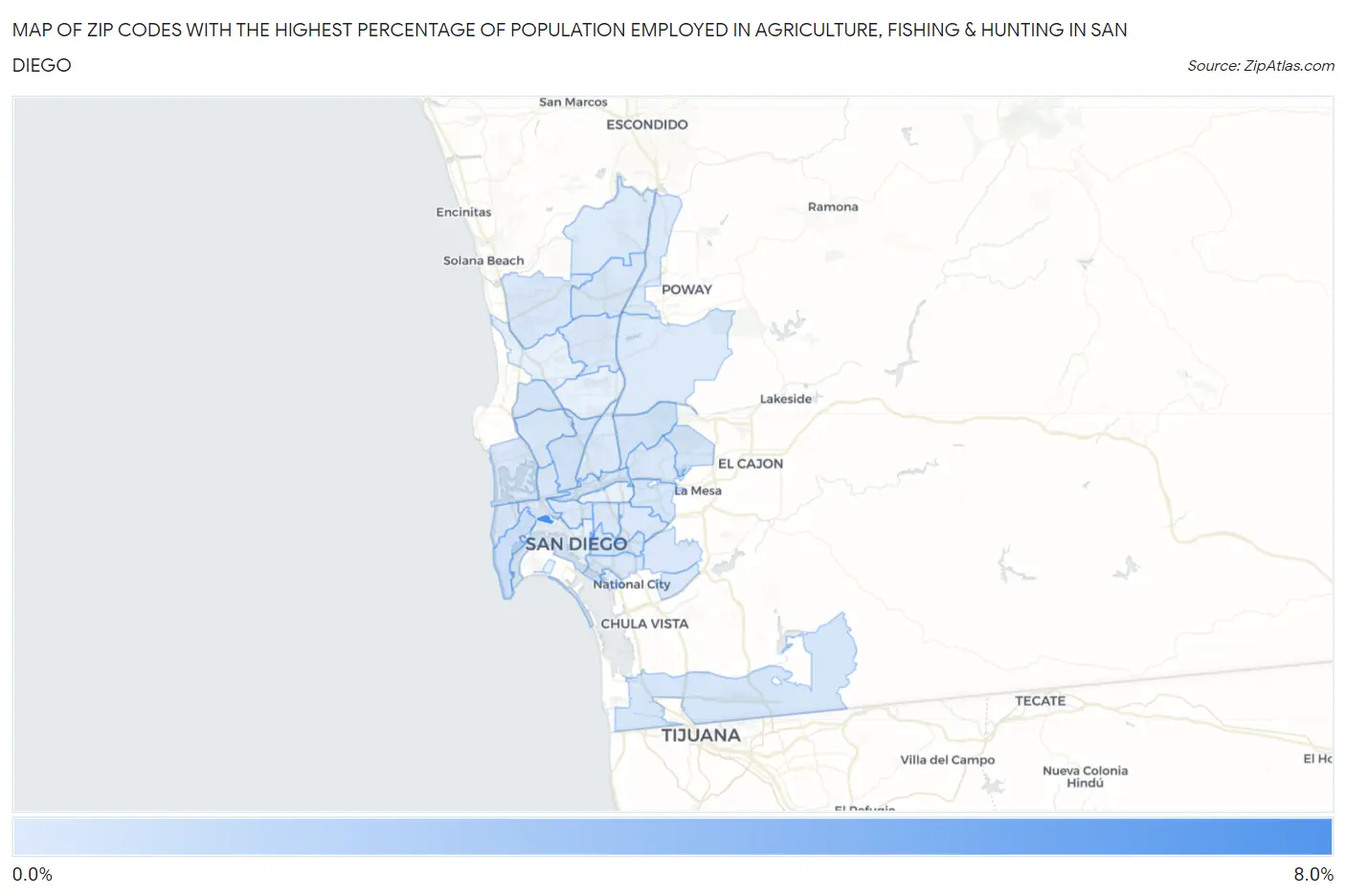 Zip Codes with the Highest Percentage of Population Employed in Agriculture, Fishing & Hunting in San Diego Map