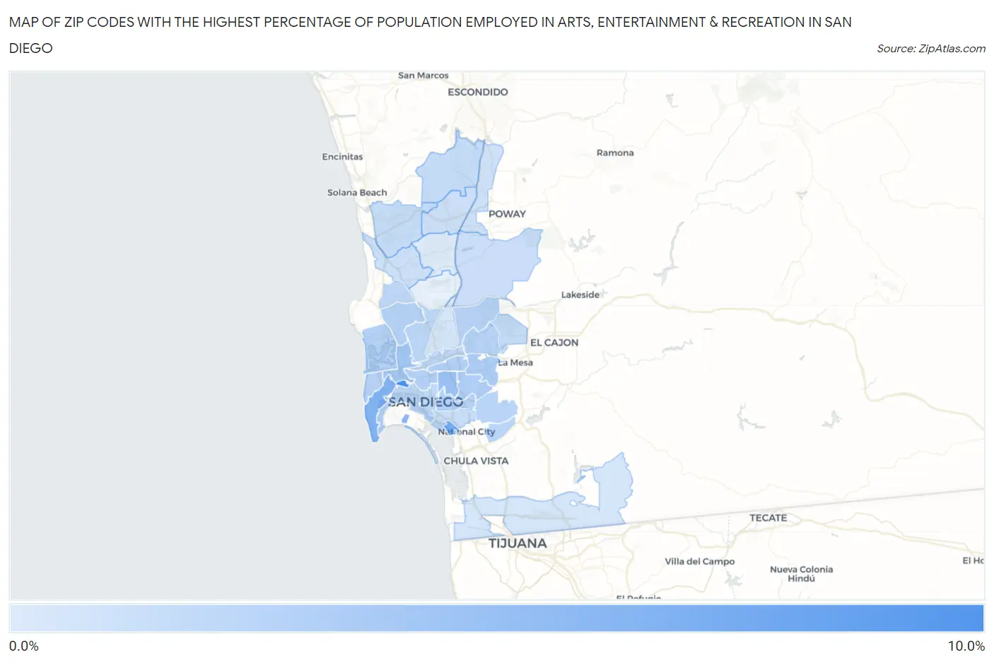 Zip Codes with the Highest Percentage of Population Employed in Arts, Entertainment & Recreation in San Diego Map