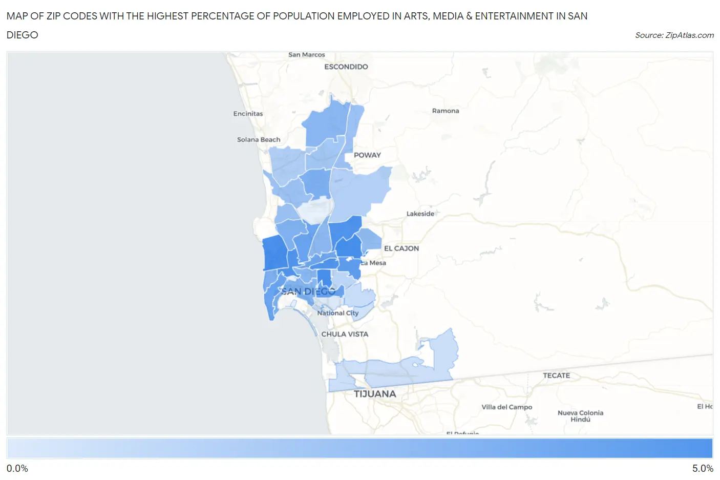 Zip Codes with the Highest Percentage of Population Employed in Arts, Media & Entertainment in San Diego Map