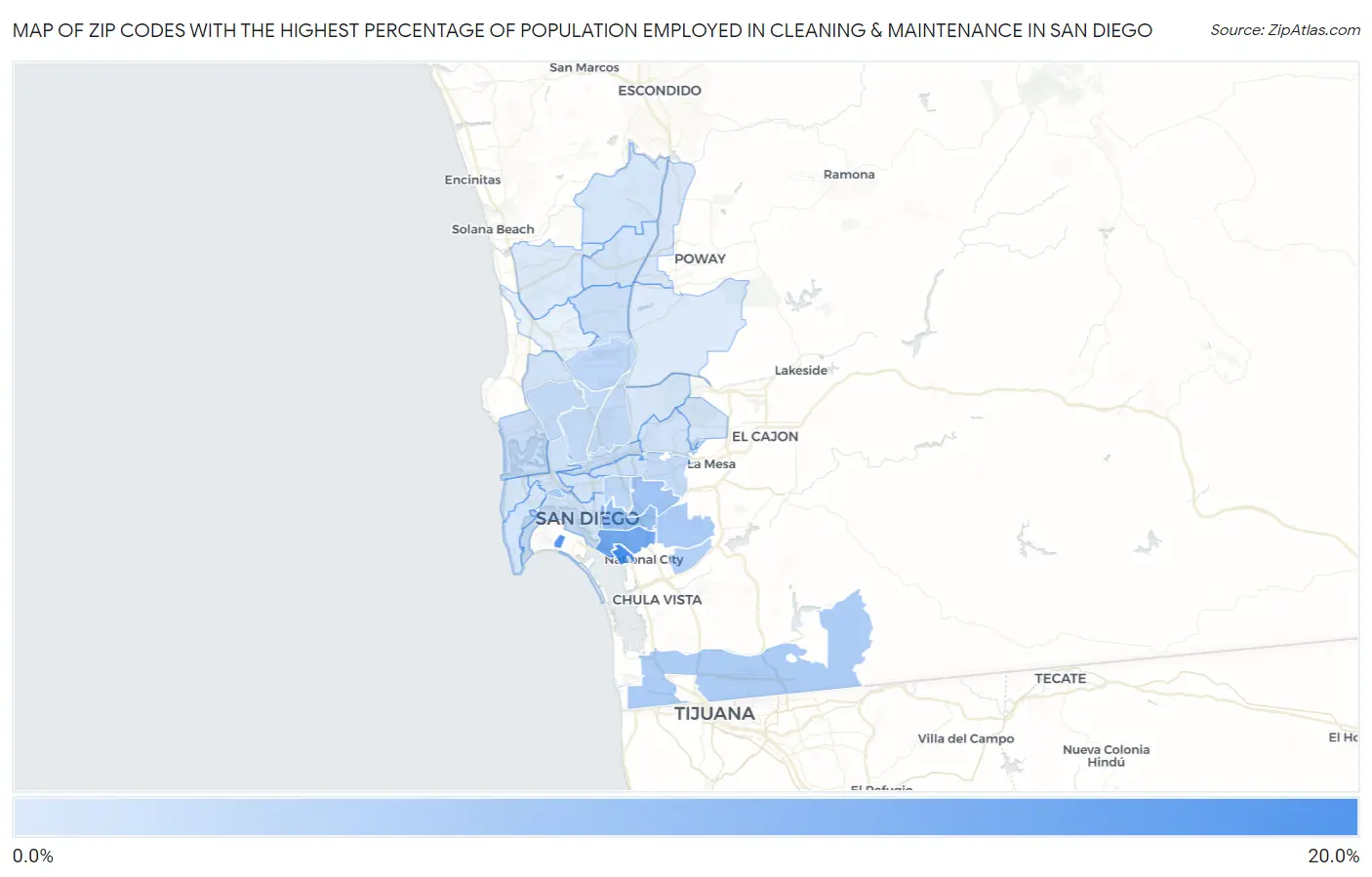 Zip Codes with the Highest Percentage of Population Employed in Cleaning & Maintenance in San Diego Map