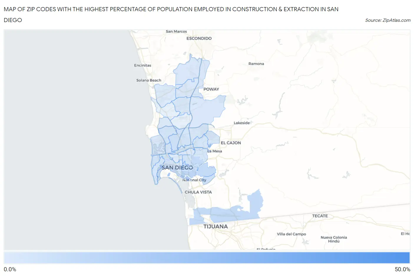 Zip Codes with the Highest Percentage of Population Employed in Construction & Extraction in San Diego Map