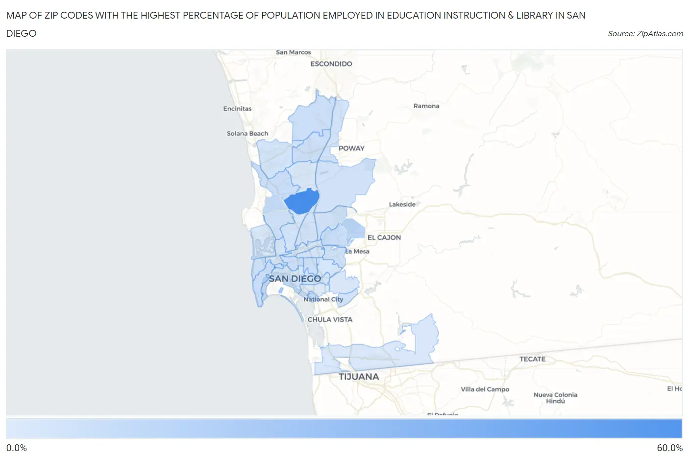 Zip Codes with the Highest Percentage of Population Employed in Education Instruction & Library in San Diego Map