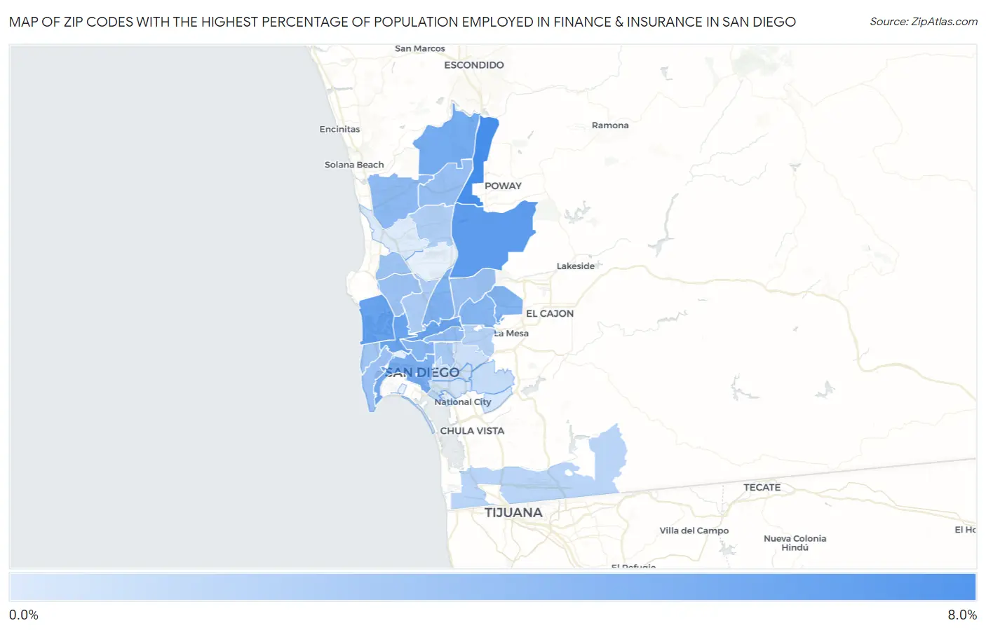 Zip Codes with the Highest Percentage of Population Employed in Finance & Insurance in San Diego Map