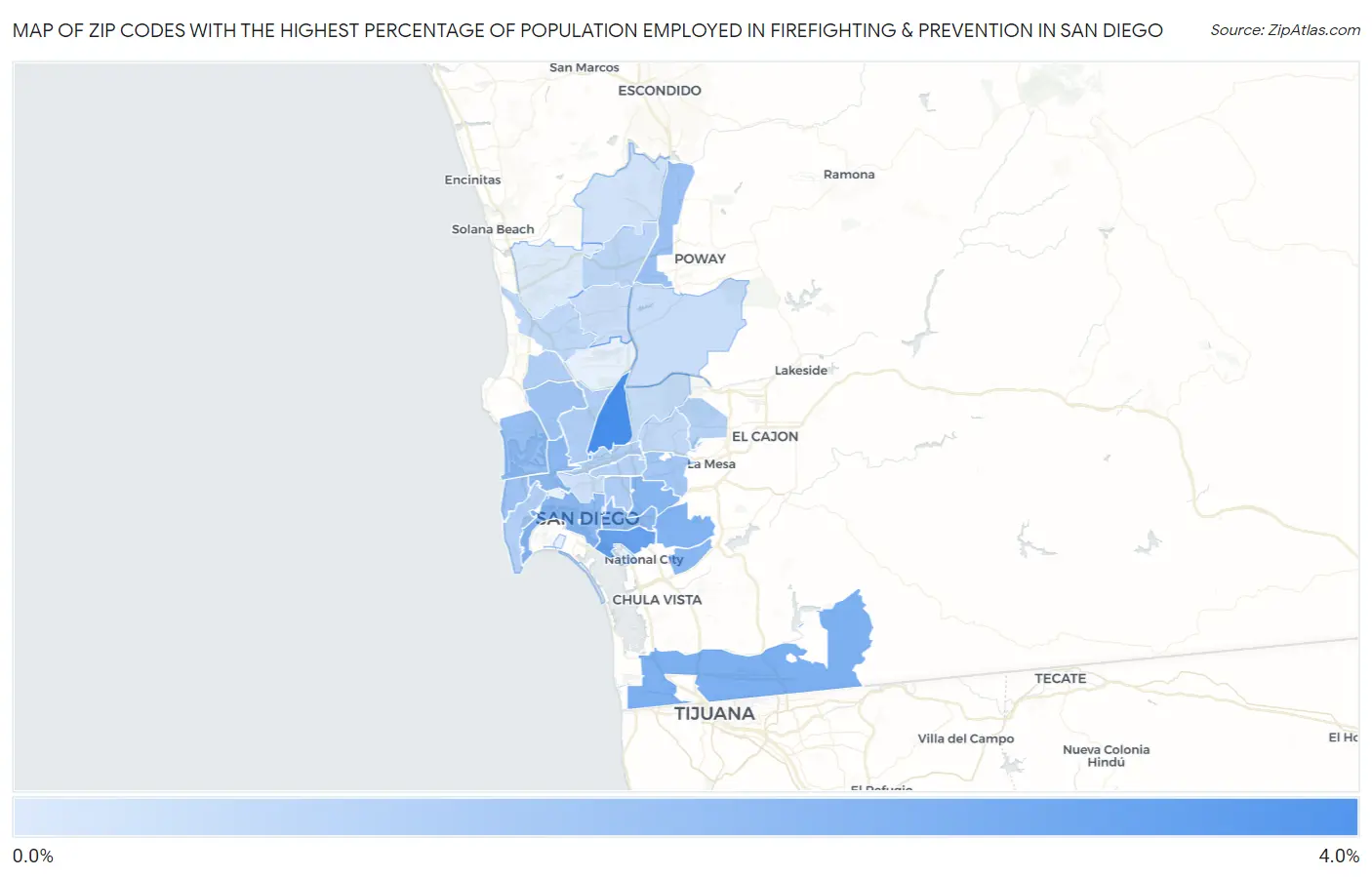 Zip Codes with the Highest Percentage of Population Employed in Firefighting & Prevention in San Diego Map