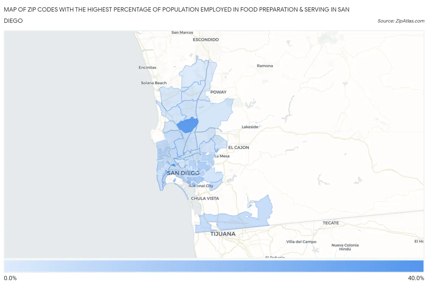 Zip Codes with the Highest Percentage of Population Employed in Food Preparation & Serving in San Diego Map