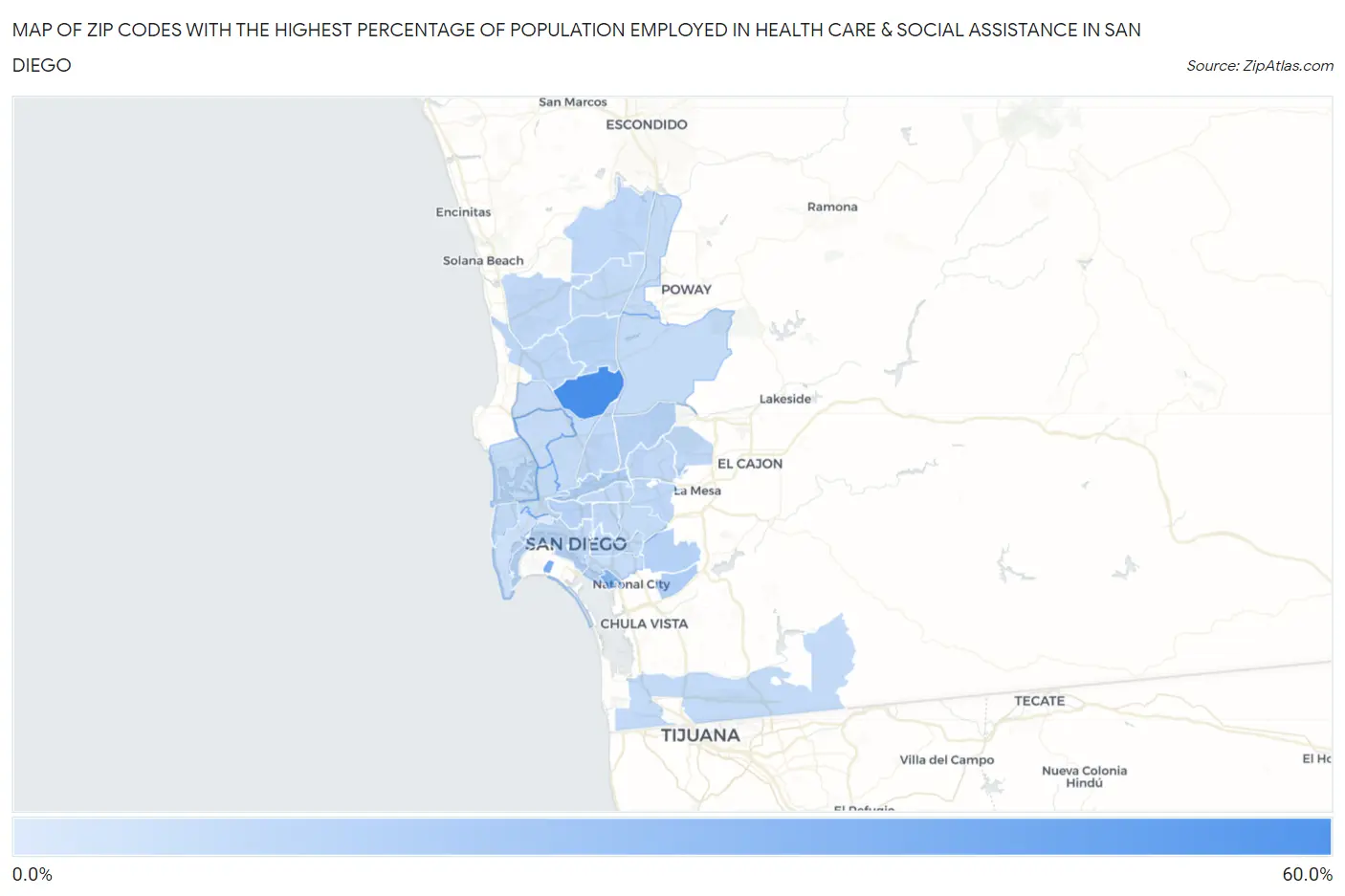 Zip Codes with the Highest Percentage of Population Employed in Health Care & Social Assistance in San Diego Map