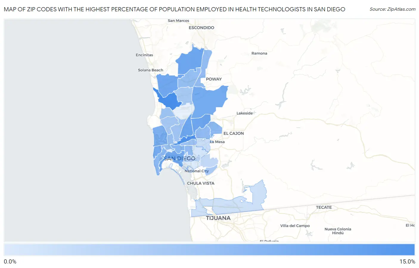 Zip Codes with the Highest Percentage of Population Employed in Health Technologists in San Diego Map