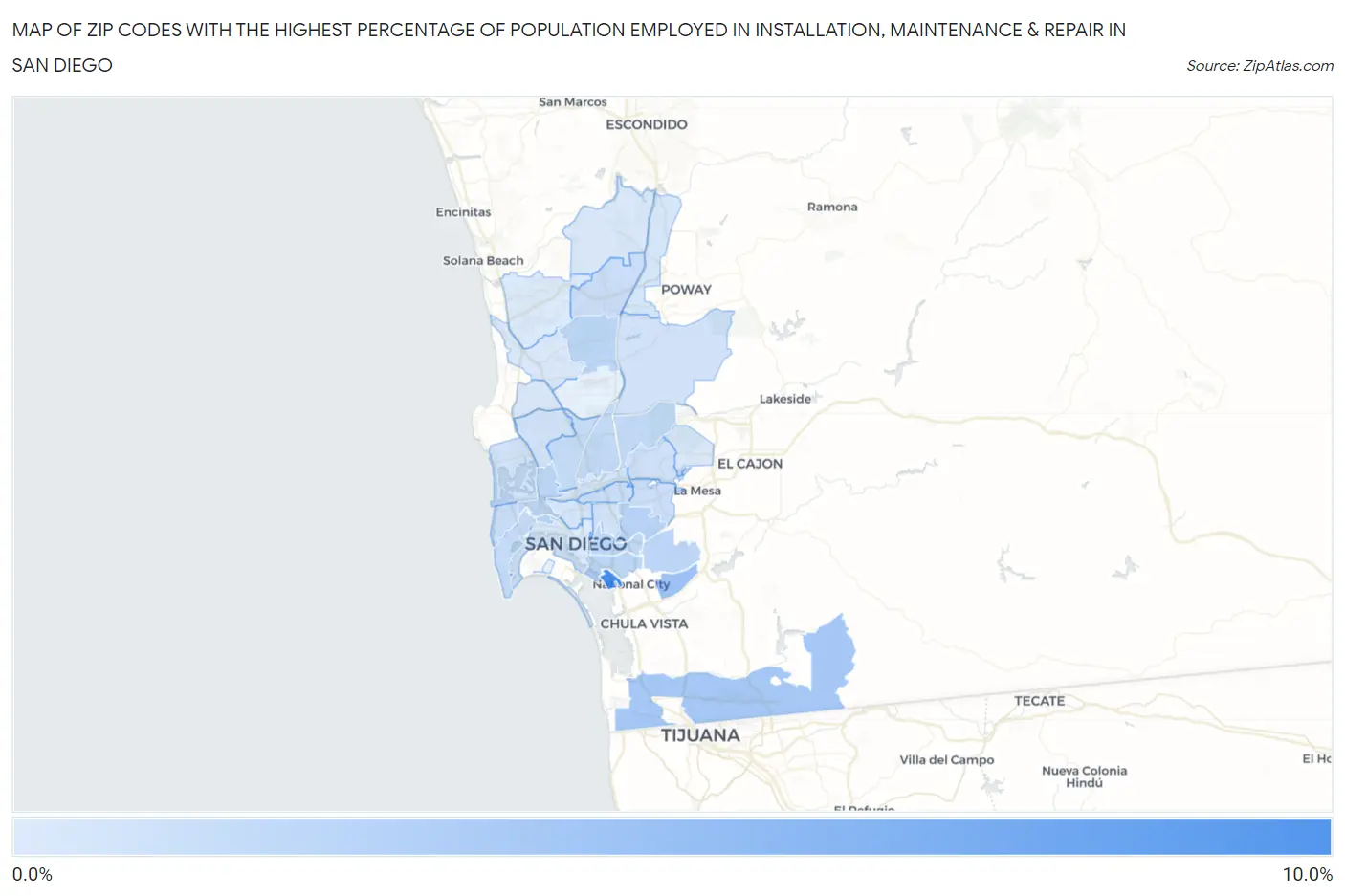 Zip Codes with the Highest Percentage of Population Employed in Installation, Maintenance & Repair in San Diego Map